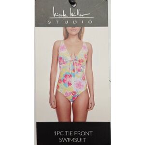 Nicole Miller Studio Womens XL  Swimsuit Tie Front Tropical Floral Yellow NWT